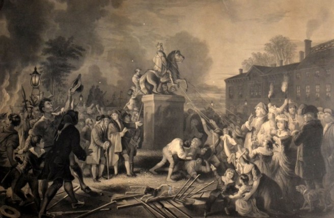 On July 9, 1776 an angry mob, incited by a public reading of the Declaration of Independence, pulled down a statue of King George III in Bowling Green Park in New York City. Its lead was melted down and molded into musket balls.